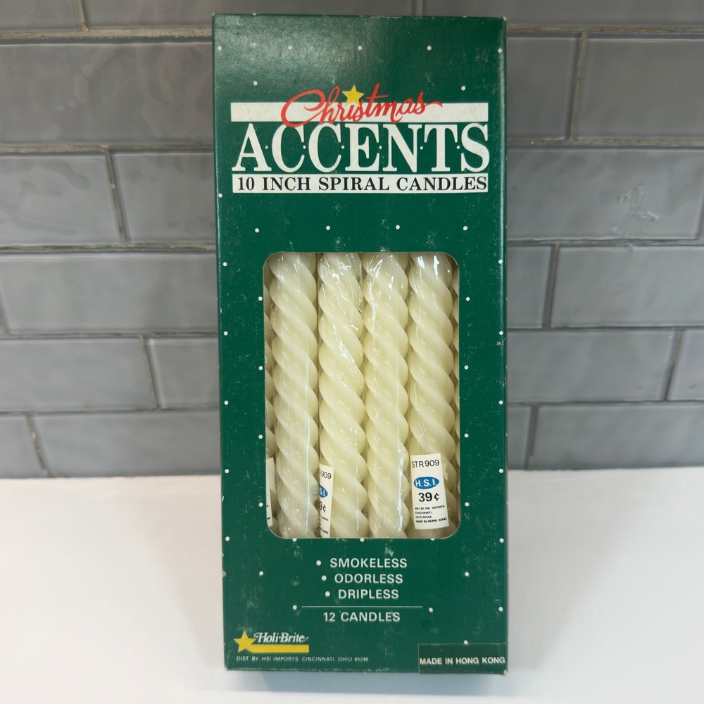 Holi-Brite Christmas Accents 10in Spiral Candles 12ct Ivory New Vintage STR909
